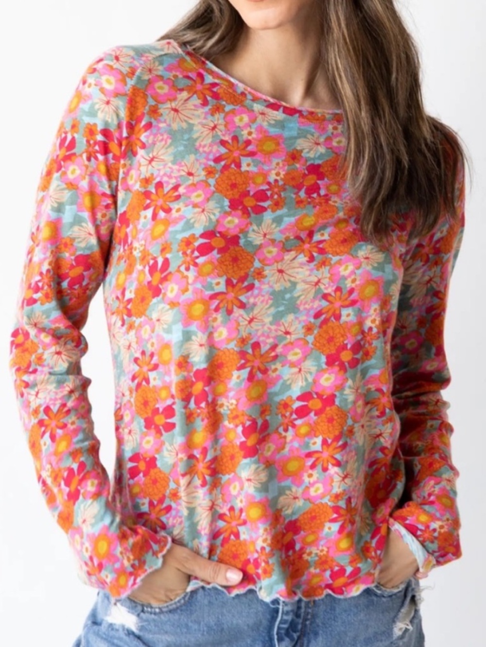 Natural Life Floral Lightweight Long Sleeve Pullover Shirt Orange Pink Spring XL